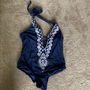 One piece bathing suit with lace trim